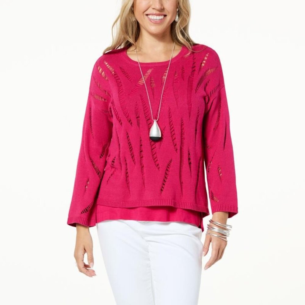 Wynne Layers Cotton Moving Pointelle Stitch Sweater Size 1X Magenta Pink Comfort